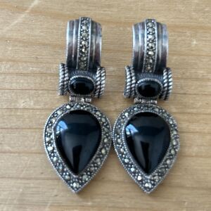 NF 925 Earrings Sterling Silver & Onyx  Drop Dangle Hinged Post Earrings